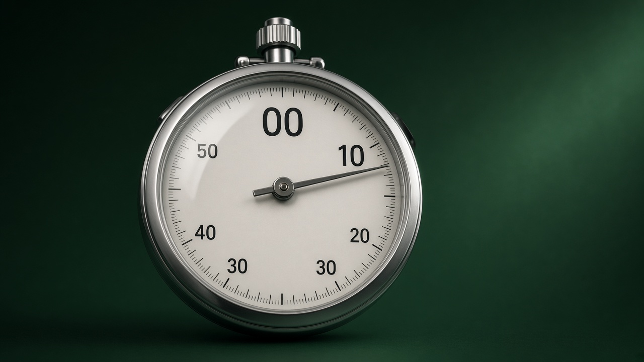 A large stopwatch stopped at 00:10